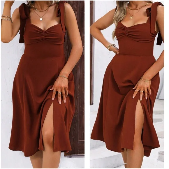 Plus Rust Solid Shoulder tie Sweetheart neck Cami Midi Dress - Picture 1 of 7